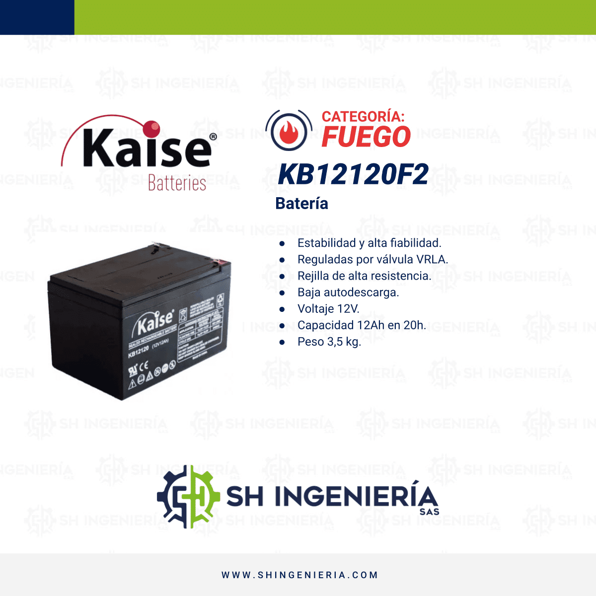 KB12120F2 Batería Kaise tipo AGM: 12V 12Ah con conector F2 - Imagen 2