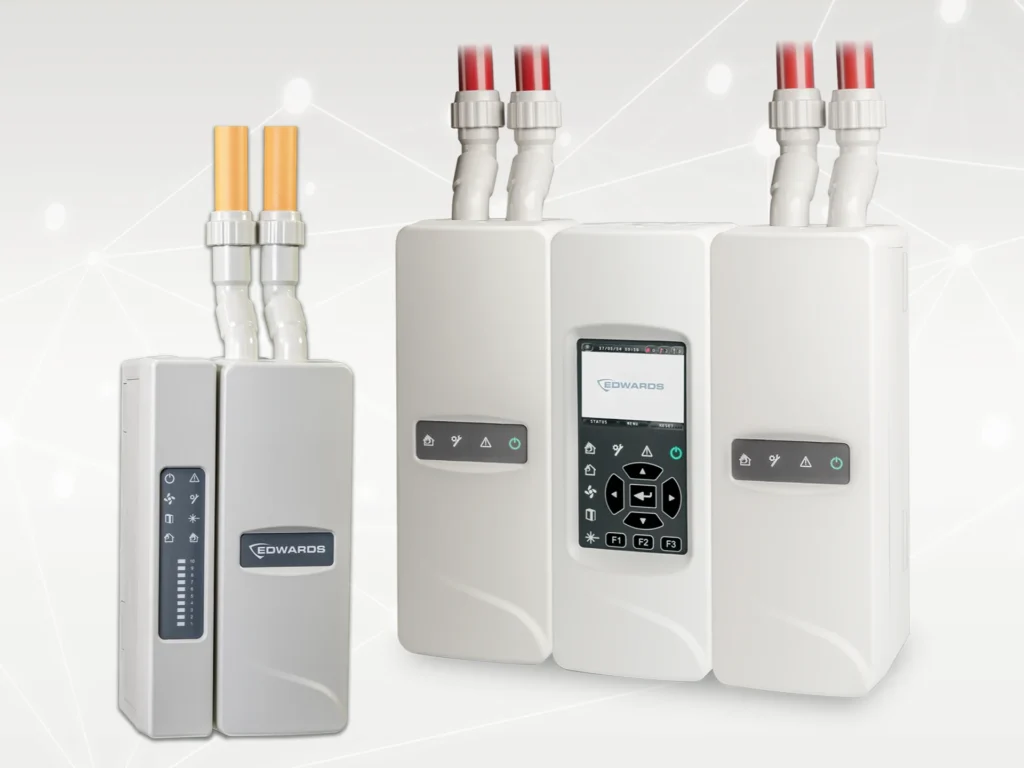 Familia de modulos MiniLaser de Edwards: unidad estandar, modulo con pantalla de configuracion y unidad expandida